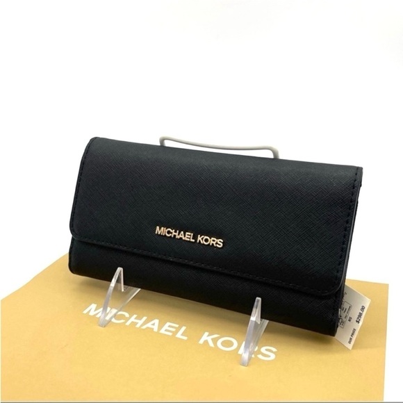 Michael Kors Large Trifold Wallet Black Leather Rich Black/Gold - Picture 2 of 7